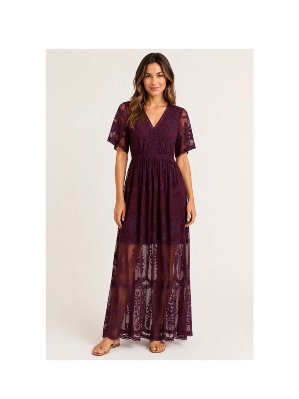 Alter'd State Plum Embroidered Lace Mesh Maxi Dress Size Small